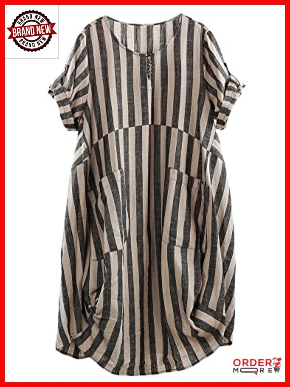 Plus Size Cotton Linen Midi Dress with Pockets Casual Tunic